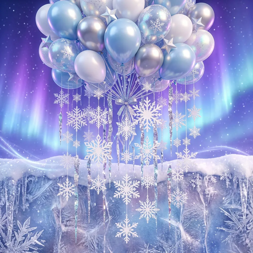 Globos celestes y plateados con copos de papel colgando
