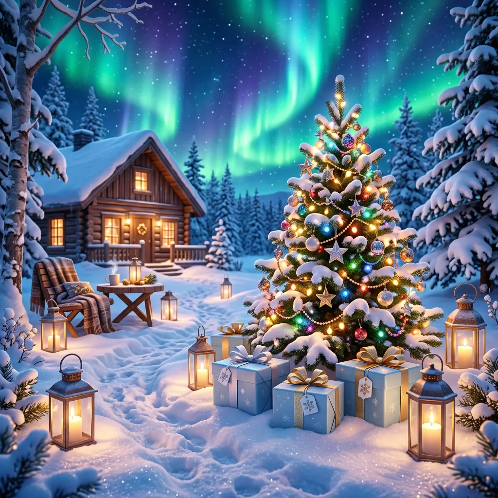 Rincón nevado de noche con pino decorado, farolitos y regalos