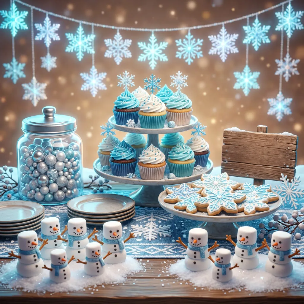 Mesa dulce con cupcakes celestes, galletas de copo y muñequitos de malvavisco