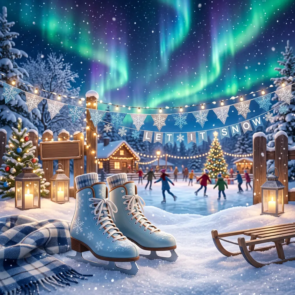 Rincón de patinaje sobre hielo con patines celestes y farolitos en la nieve
