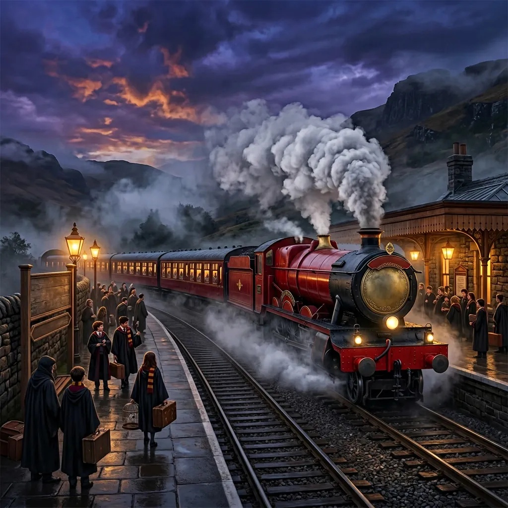 Hogwarts Express entrando en la estación al atardecer