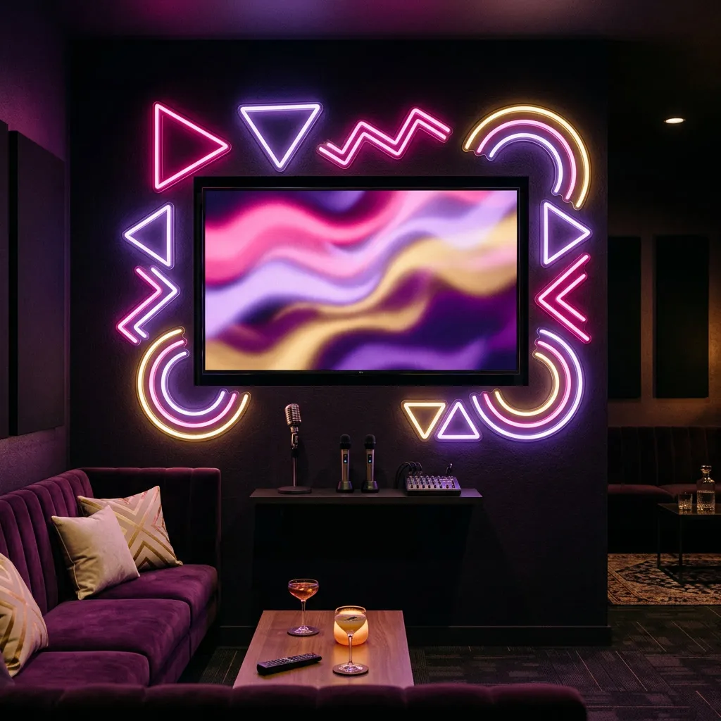 Pantalla grande con líneas de letra de canción borrosas, LED strips hot pink y lavender en paredes
