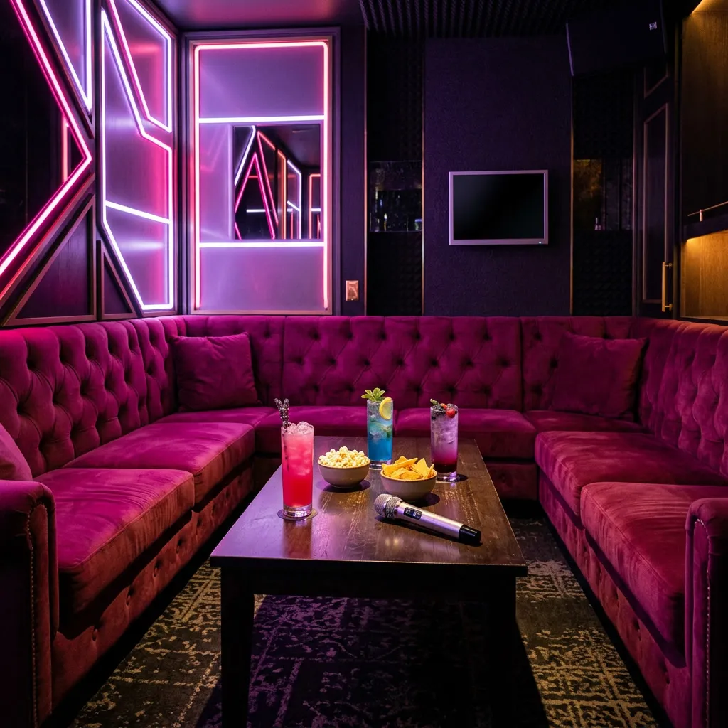 Sofá largo U de terciopelo magenta con almohadones, mesa baja con drinks y mic inalámbrico