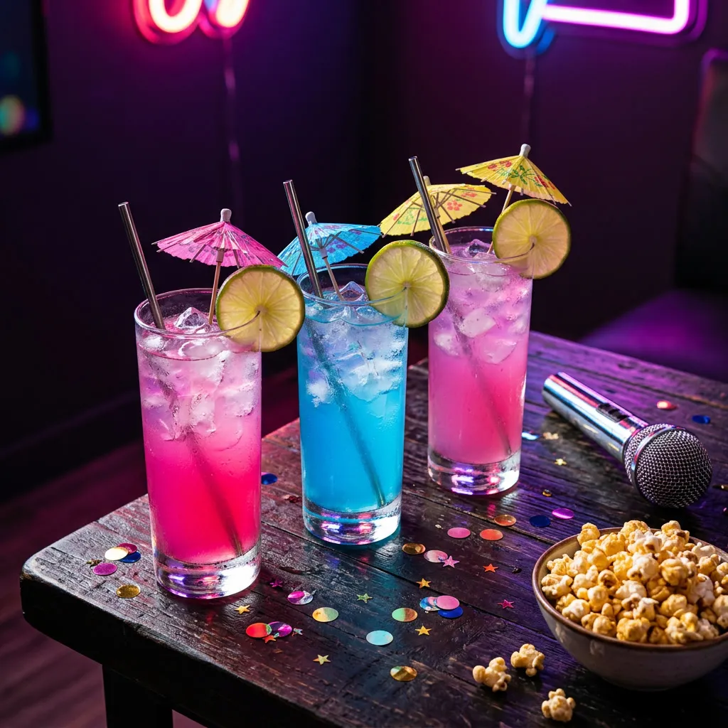 Highballs coloridos rosa, lavender y electric blue con hielo y lima sobre mesa de madera oscura