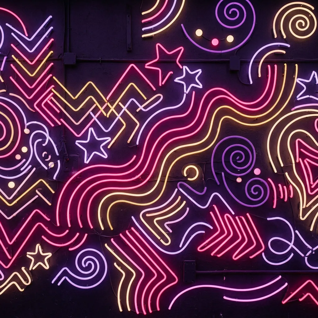 LED strips neón hot pink, lavender y dorado disco en patrones retro 80s sobre pared oscura