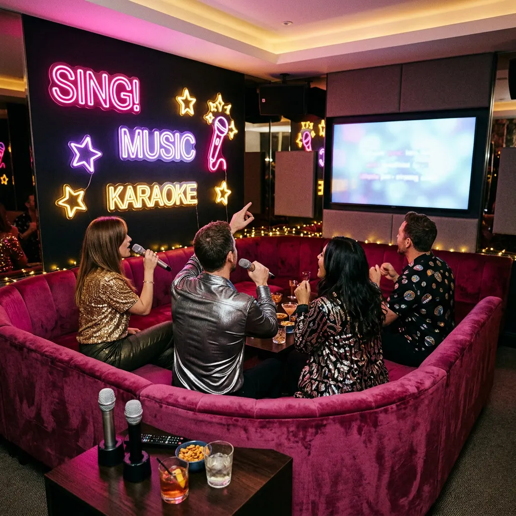 Cuatro amigos 30-50 cantando con micrófonos en booth privado de karaoke con LEDs neón