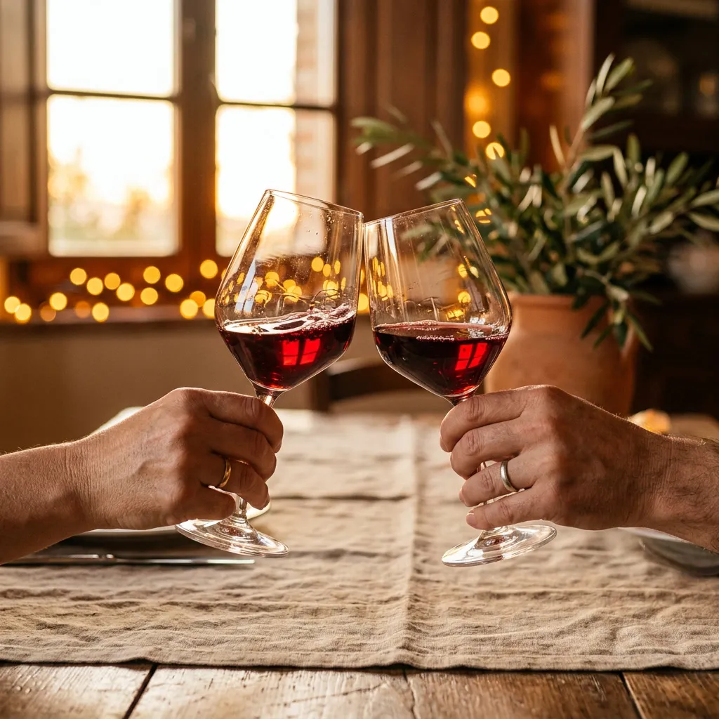 Dos copas de cristal chocando en brindis con vino Chianti sobre mesa con mantel de lino