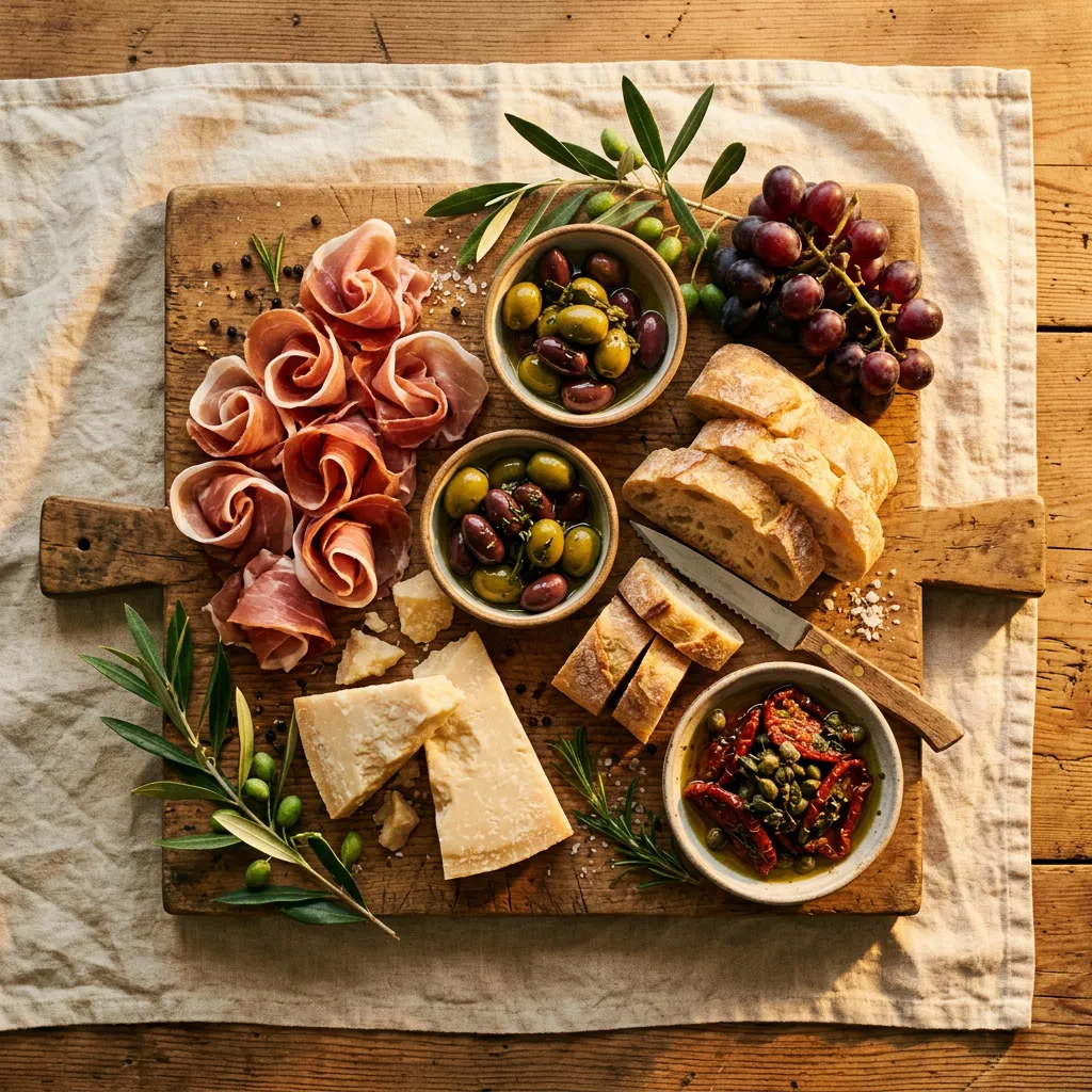 Tabla de antipasti con prosciutto, parmesano, aceitunas, ciabatta y uvas oscuras