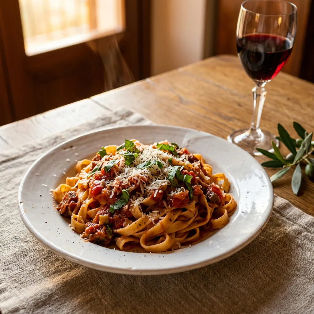 Plato de fettuccine al ragú humeante con parmesano y albahaca junto a copa de Chianti