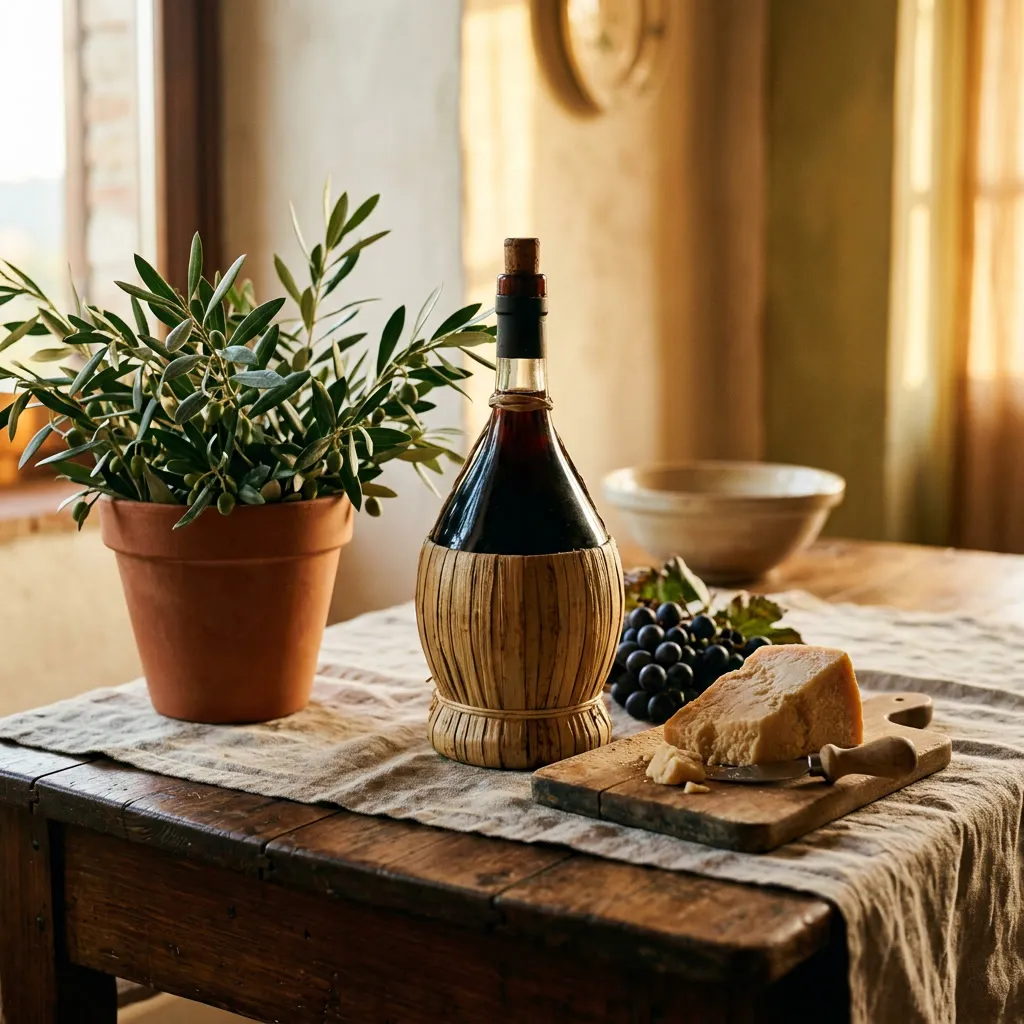 Botella de Chianti con base de paja toscana junto a jarrón de terracota con olivo y queso parmesano