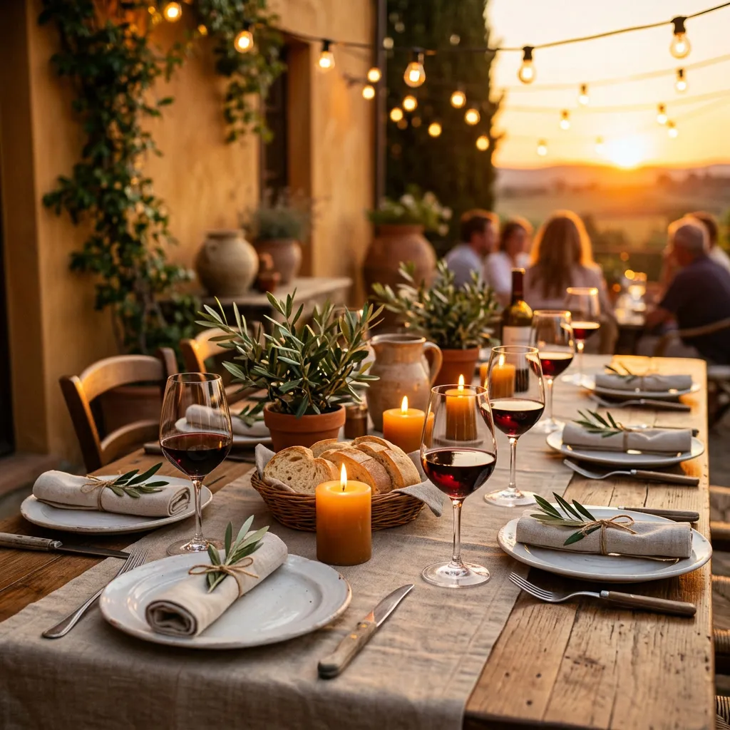 Mesa larga servida al atardecer con velas, copas, panera de ciabatta y luces colgantes