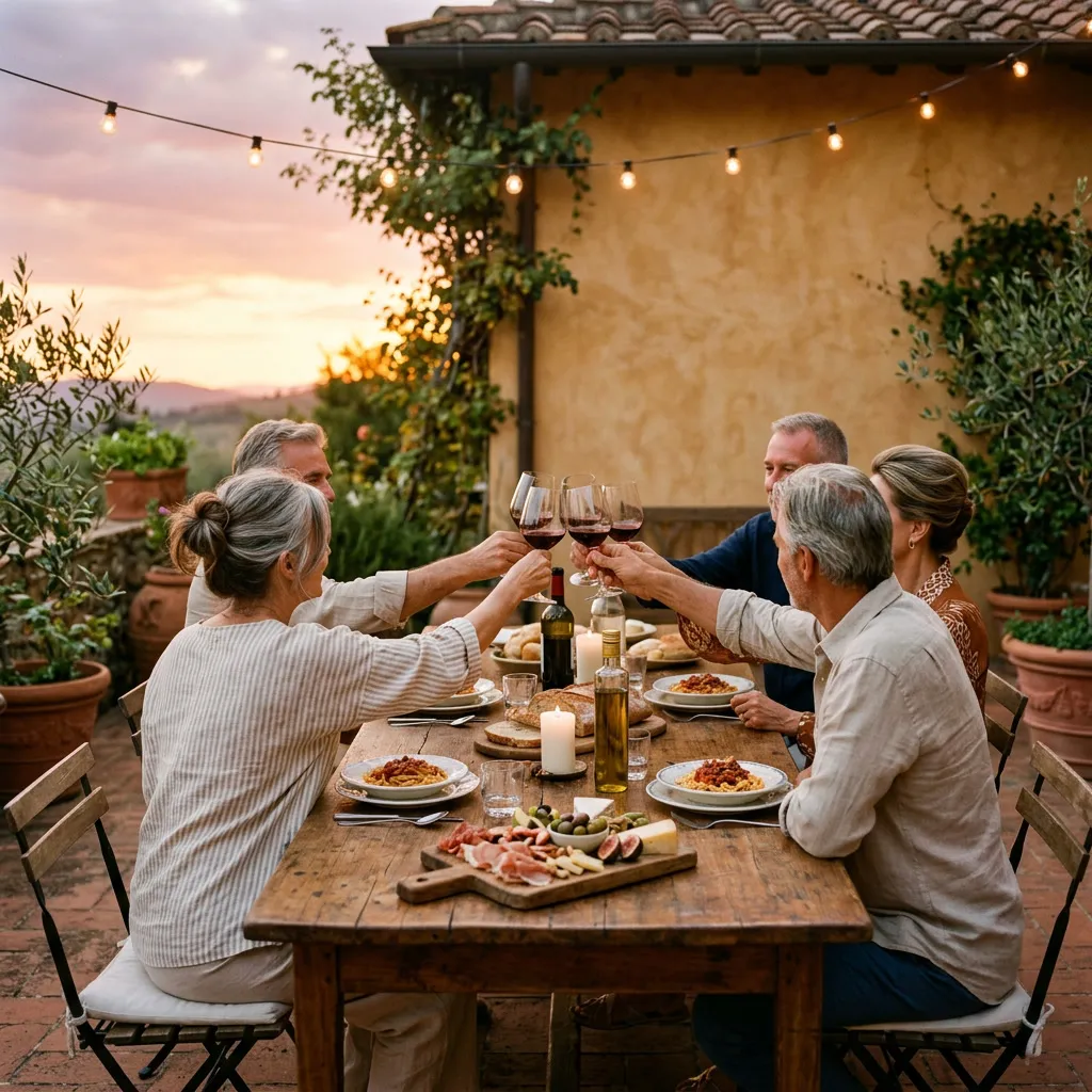 Cuatro adultos brindando en patio italiano al atardecer con luces colgantes