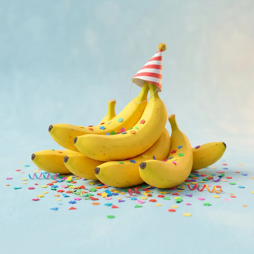 Pila de bananas con confeti y gorrito de fiesta