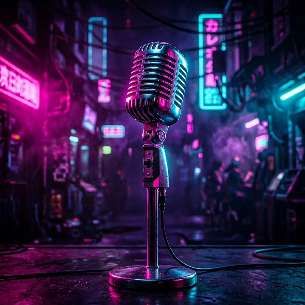 Micrófono cromado bajo luces de neón magenta y cyan en un karaoke de Tokyo