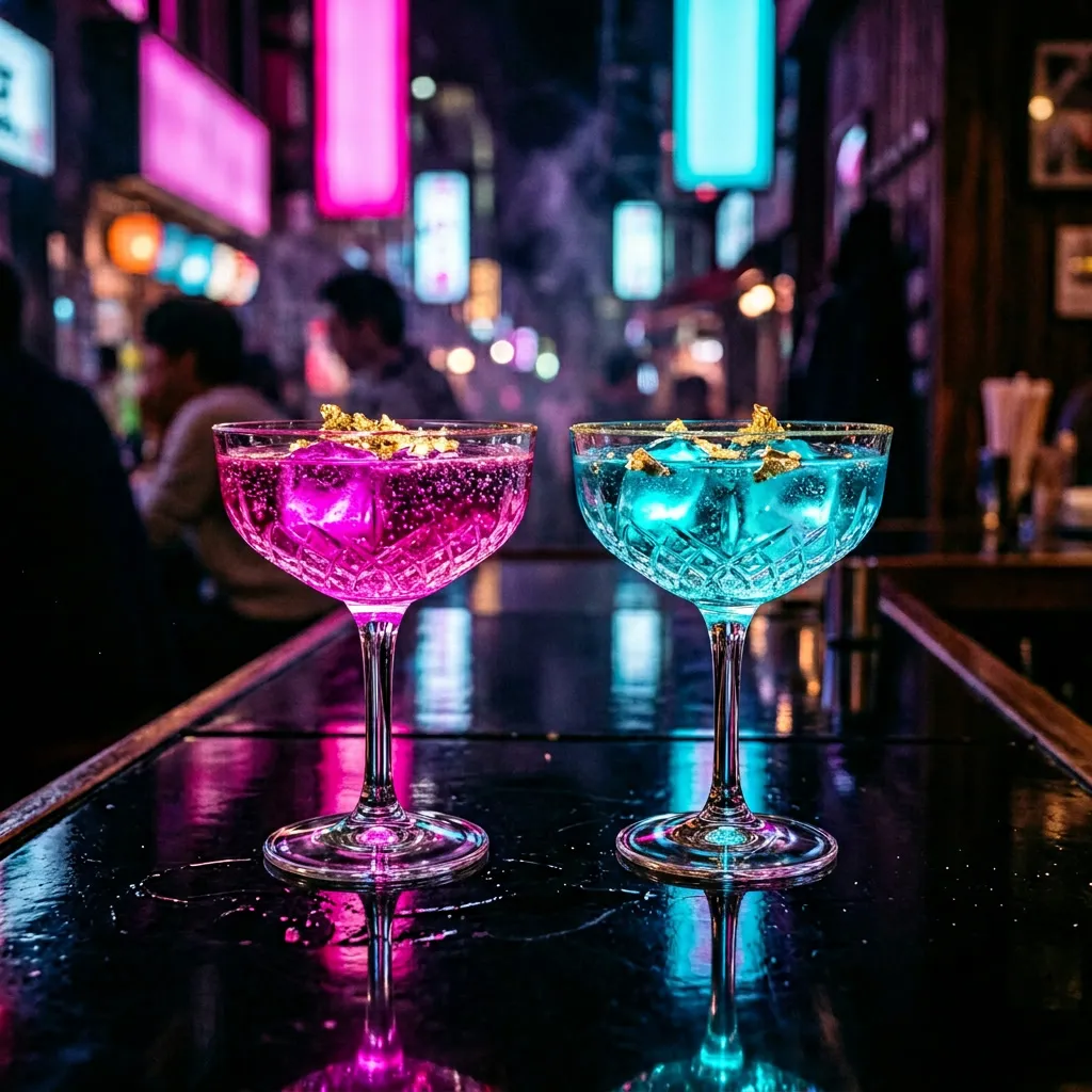 Tragos magenta y cyan con hielo brillante sobre barra negra glossy