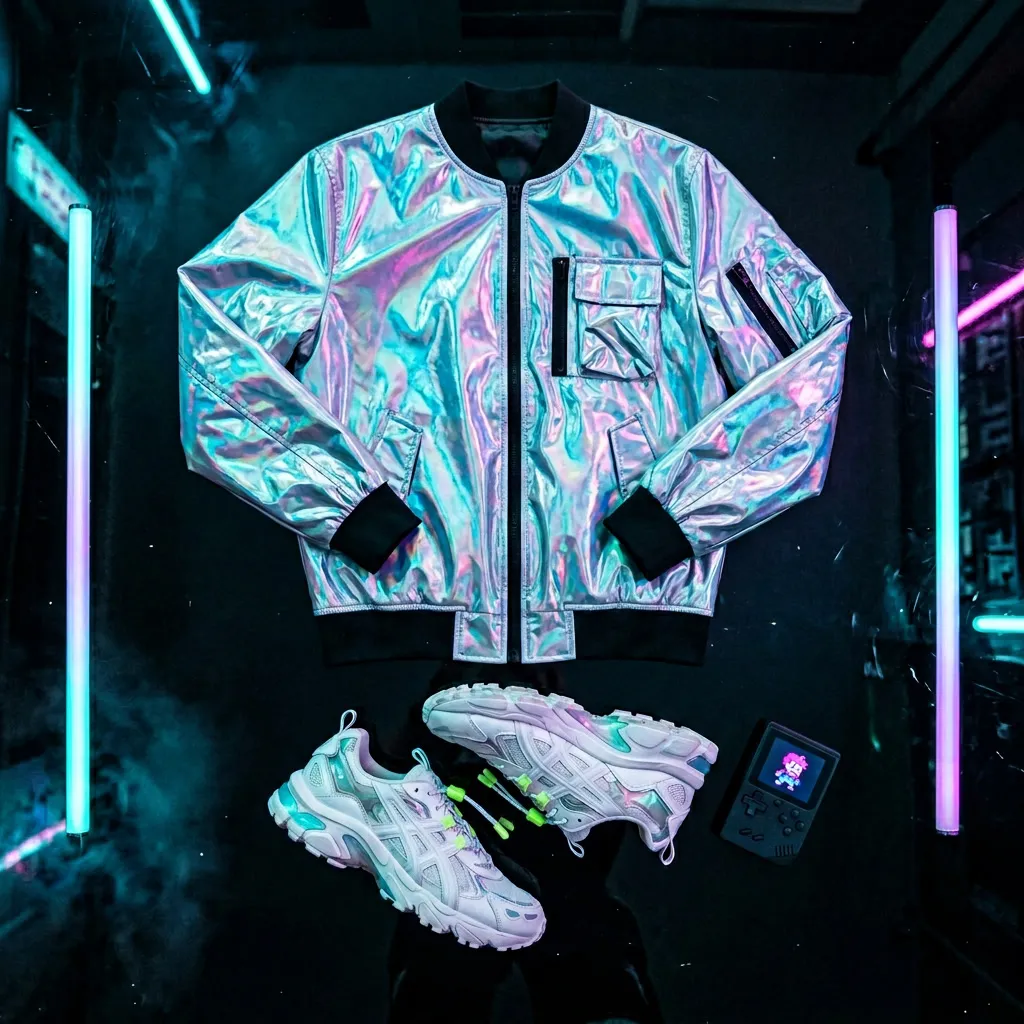 Bomber holográfica plateada y zapatillas chunky con consola de pixel art