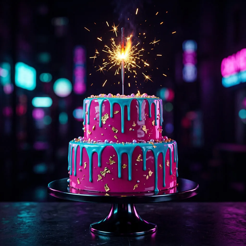 Torta moderna magenta con drip cyan y vela de bengala chispeando