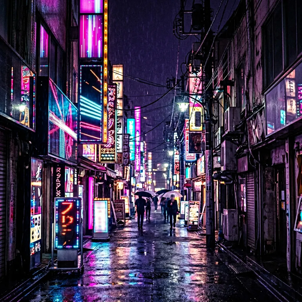 Callejón Shibuya con stacks de carteles neón vertical magenta cyan y dorado