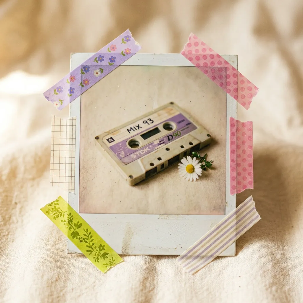 Polaroid close-up con cassette y daisy enmarcados, washi tape colorido sobre cream