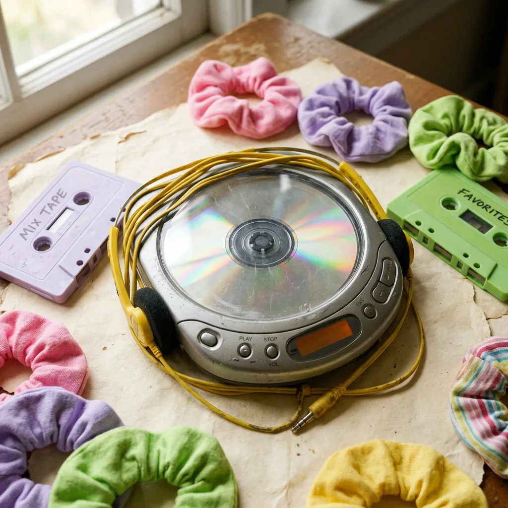 CD walkman vintage con auriculares amarillos enrollados sobre cream con scrunchies y cassettes
