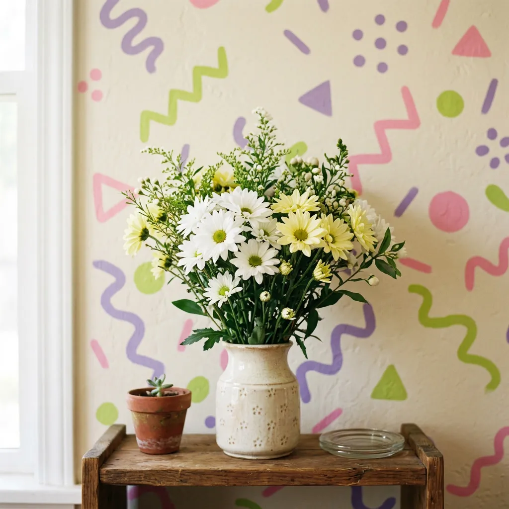Bouquet de daisies en jarrón vintage contra pared cream con squiggles Memphis pastel
