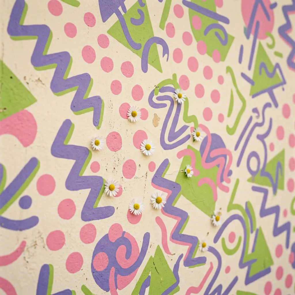 Pared cream con Memphis pattern squiggly en lila, verde lima y rosa chicle, daisies dispersas