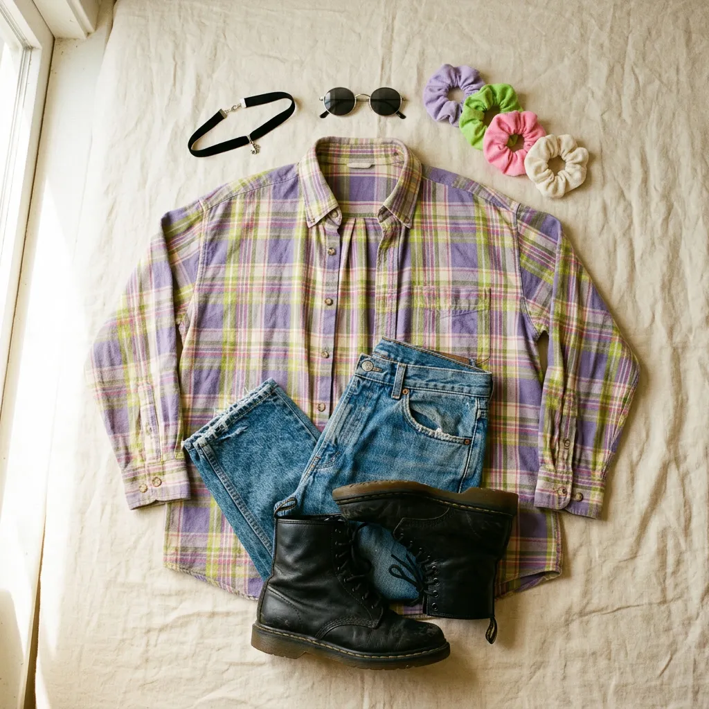 Flat lay outfit 90s con camisa plaid, jean tiro alto, Doc Martens, scrunchies y gargantilla