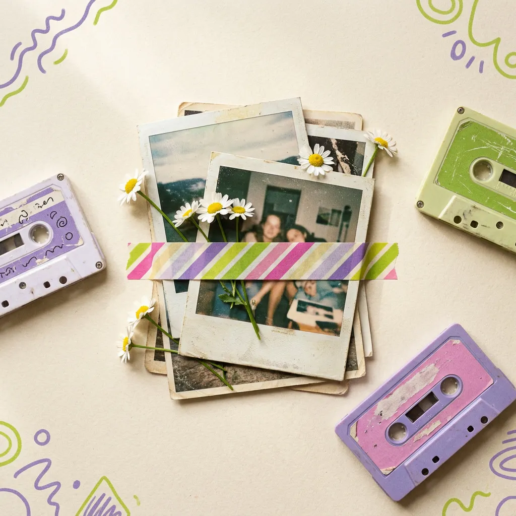 Stack de polaroids con washi tape y cassettes vintage sobre cream con daisies dispersas