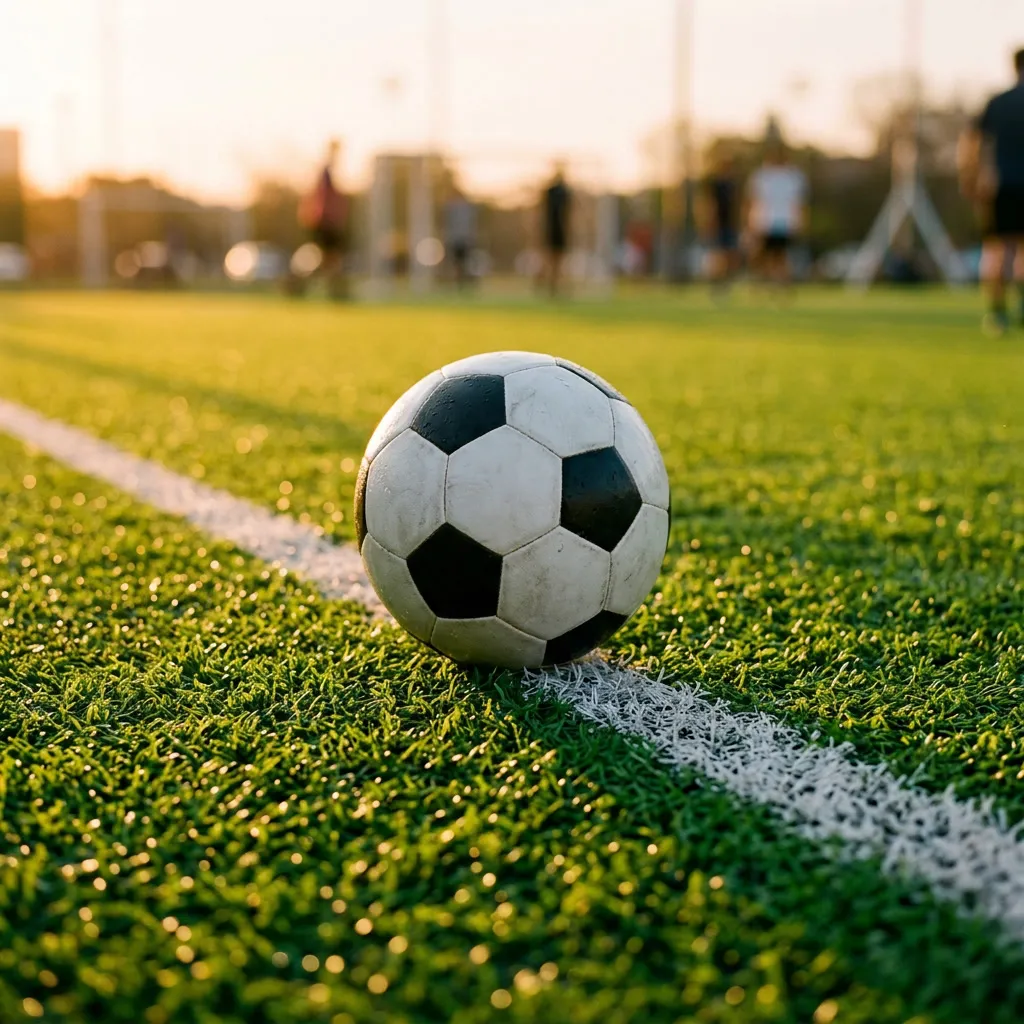 Pelota de fútbol nueva sobre césped sintético verde brillante con líneas blancas, luz cálida de atardecer