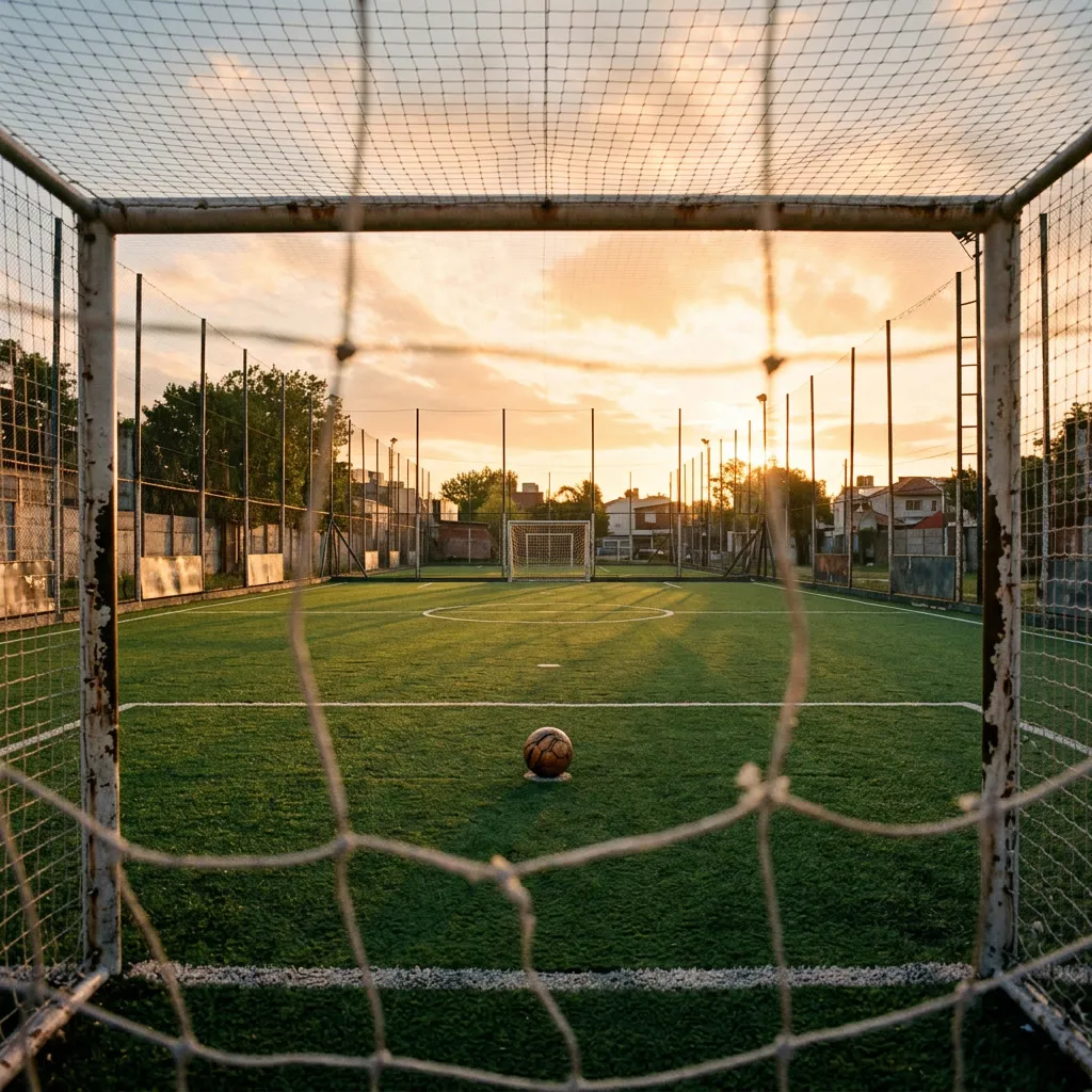 Vista desde el arco hacia el centro de la cancha con red en primer plano, luz golden hour