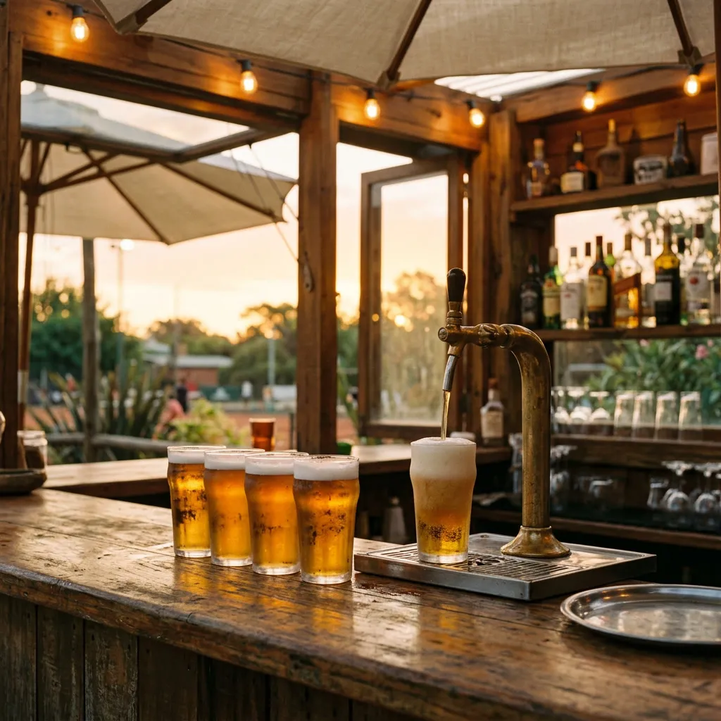Cerveza tirada saliendo del grifo en bar amigos al aire libre, ventana al atardecer al fondo