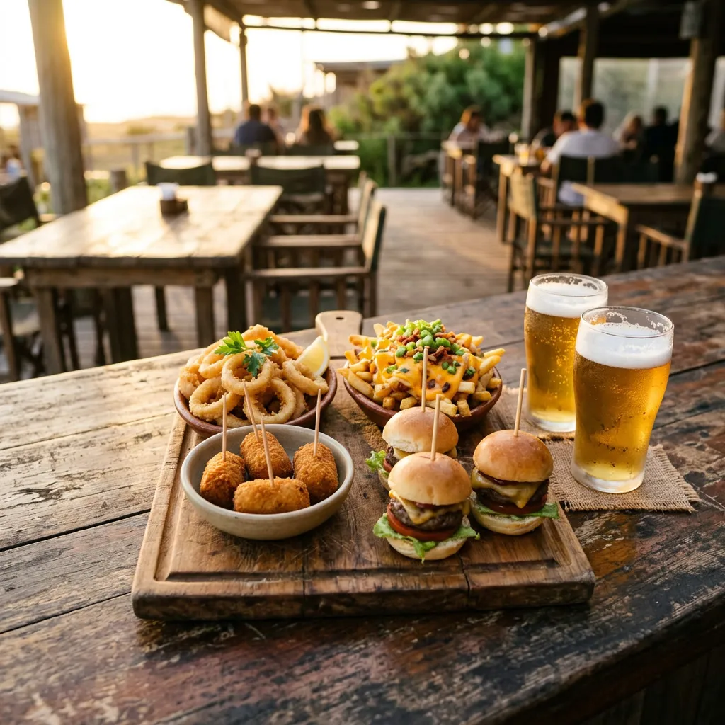 Tabla de picada deportiva con rabas, papas con cheddar, croquetas y mini-hamburguesas junto a jarras de cerveza