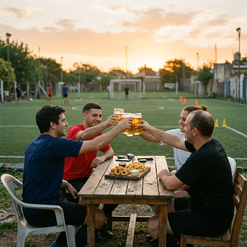 Brindis de cuatro amigos 30-50 con camisetas deportivas y jarras de cerveza en mesa al costado de la cancha al atardecer