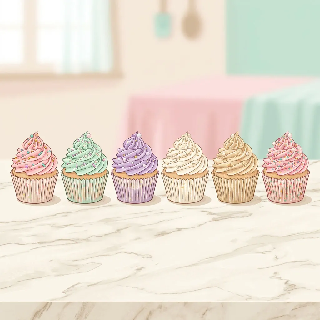 Fila de cupcakes pastel con glaseado rosa, menta, lavanda y dorado