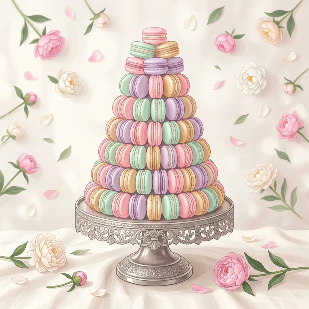 Torre de macarons pastel sobre base vintage plateada con flores