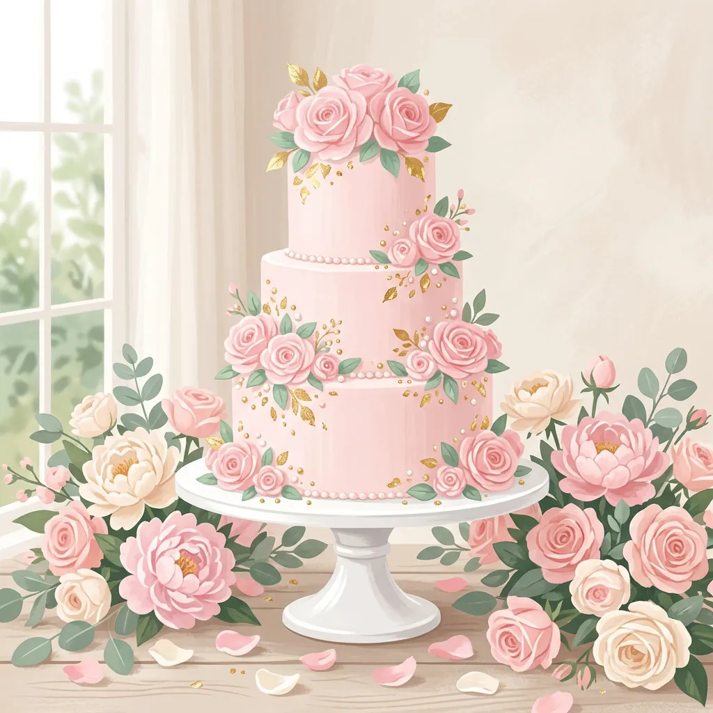 Torta de tres pisos con rosas de glaseado y detalles dorados