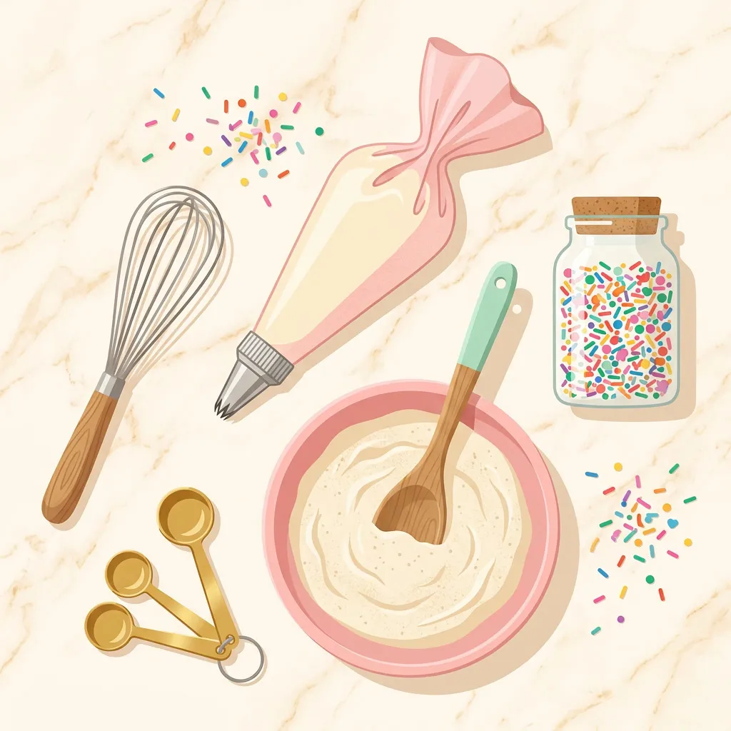 Utensilios de repostería sobre mármol crema con sprinkles desparramados