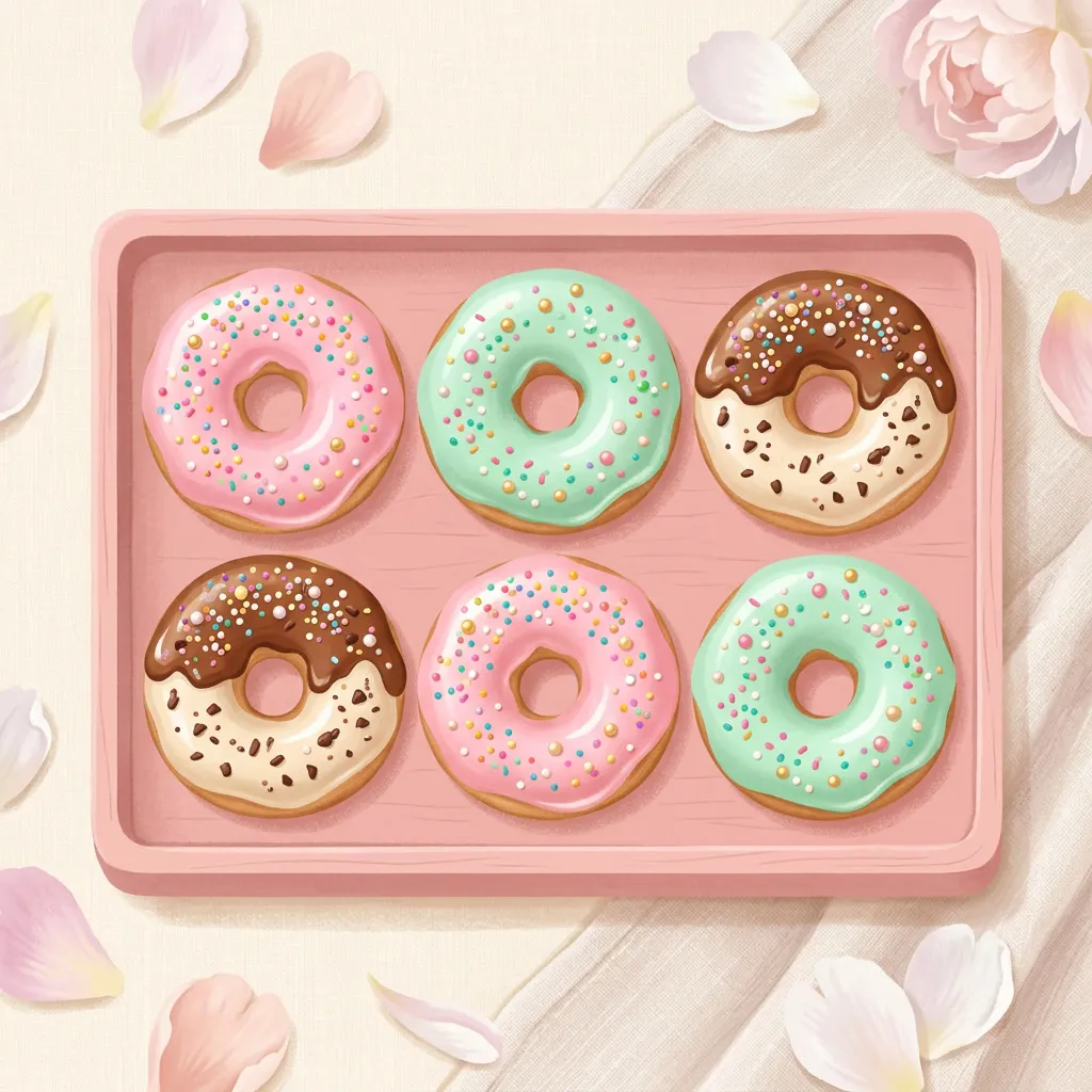 Donas glaseadas rosa, menta y chocolate con sprinkles de colores