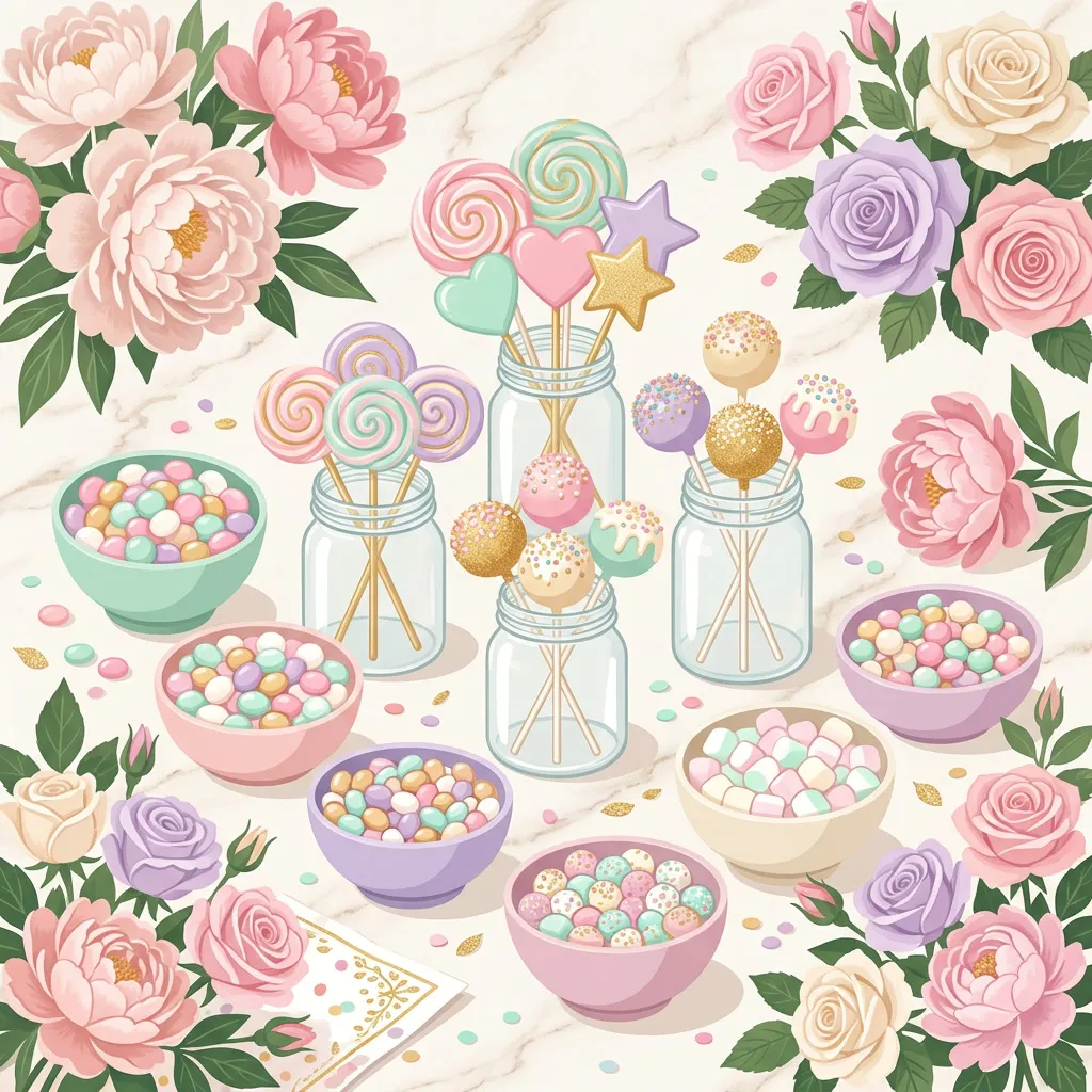 Cake pops y golosinas pastel en frascos de vidrio con peonías