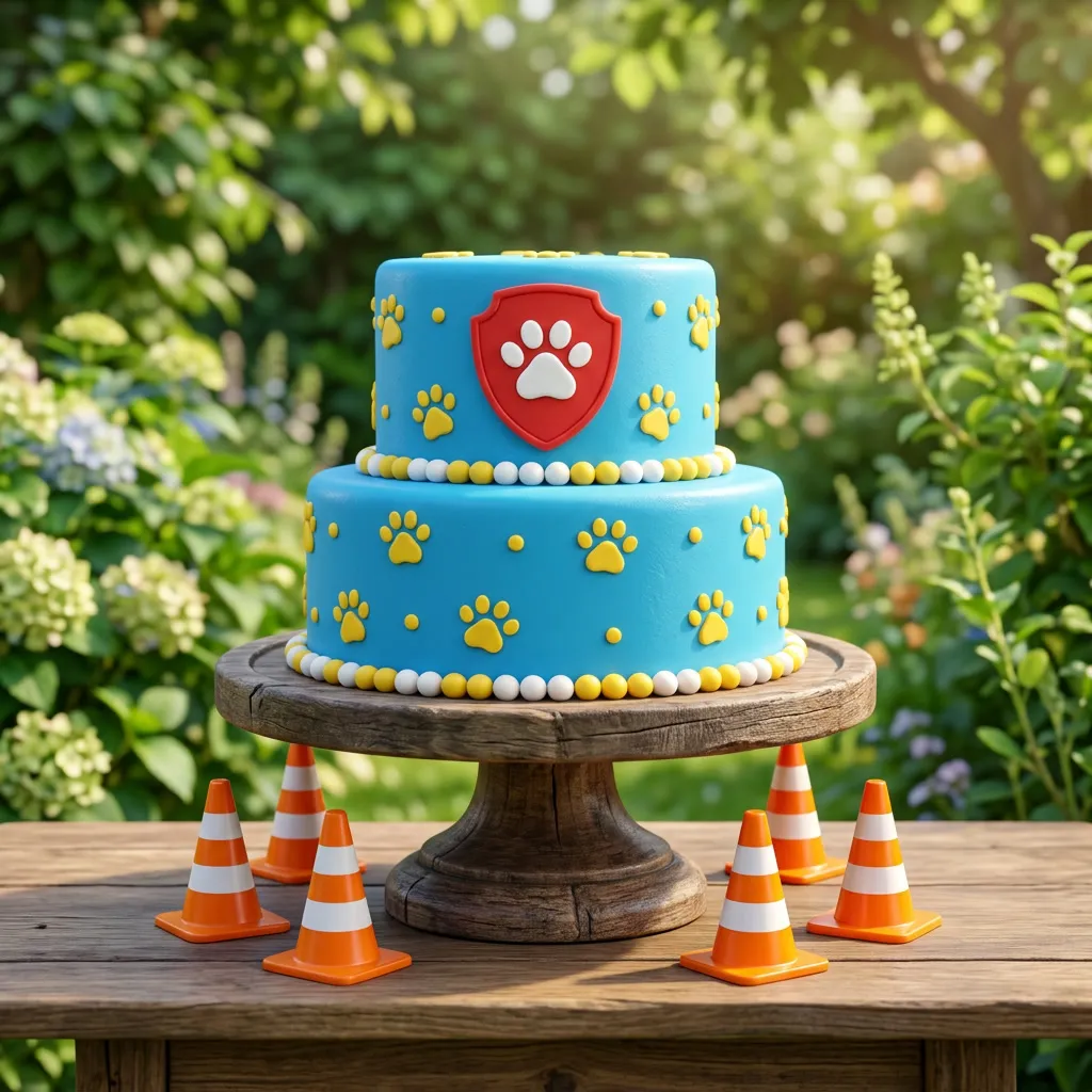 Torta de cumpleaños celeste con huellitas amarillas y una placa de rescate