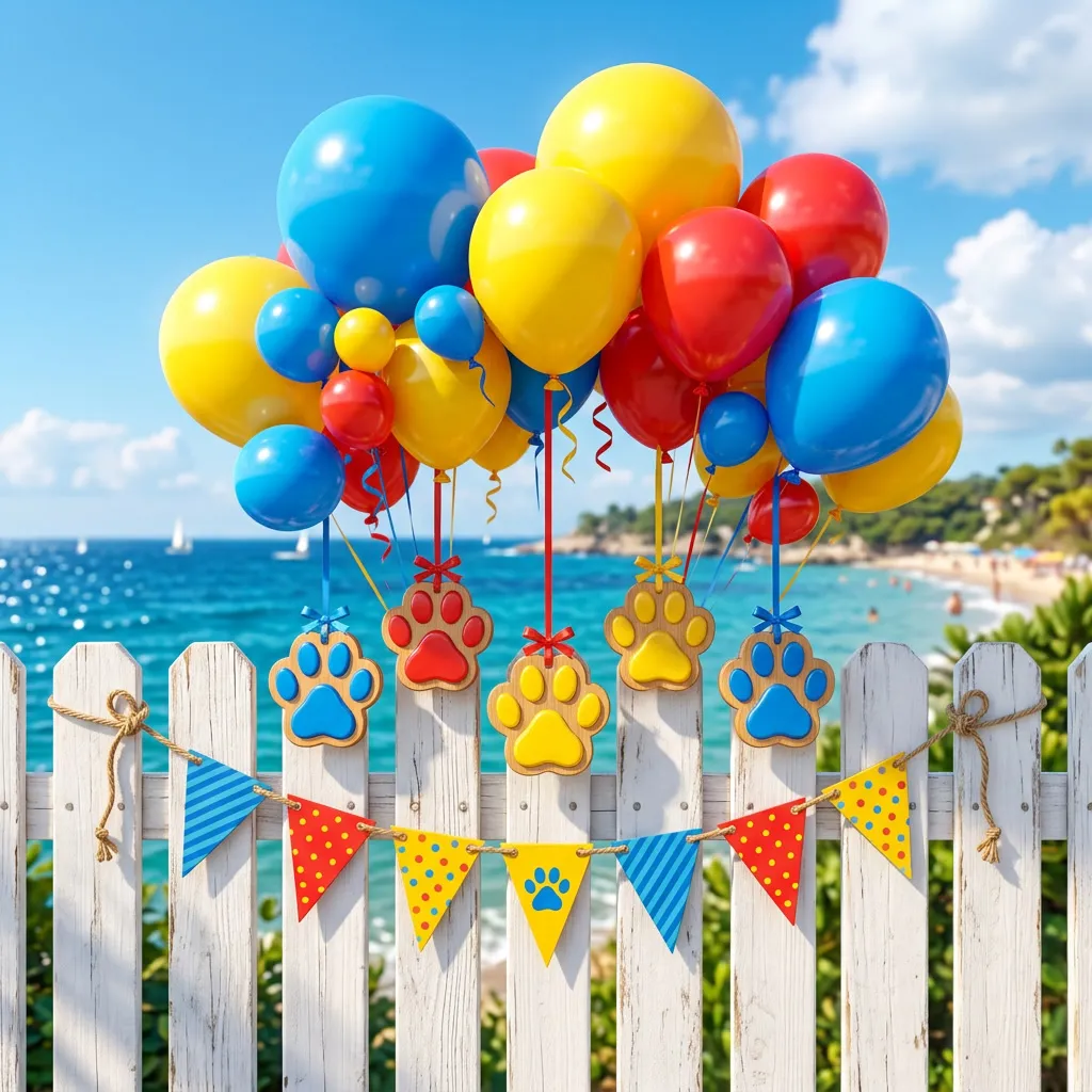 Globos azules, amarillos y rojos con huellitas colgando sobre una cerca blanca