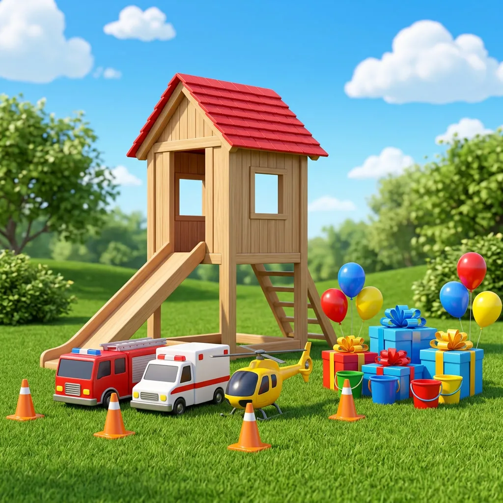 Rincón de fiesta en el pasto con casita de madera y vehículos de rescate de juguete