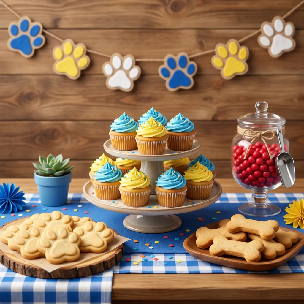 Mesa dulce con cupcakes celestes, galletitas de huella y de hueso