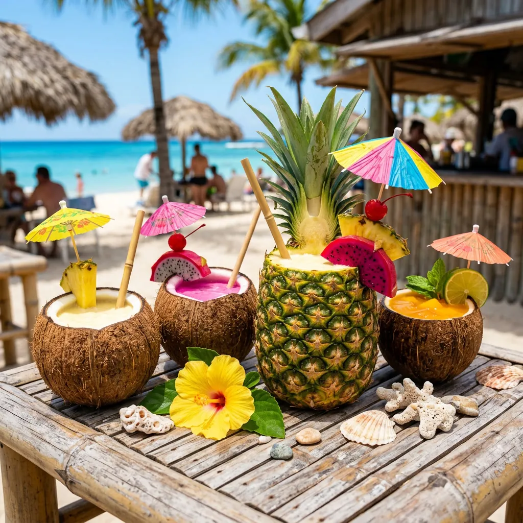 Tragos tropicales en coco y ananá con sombrillas de papel