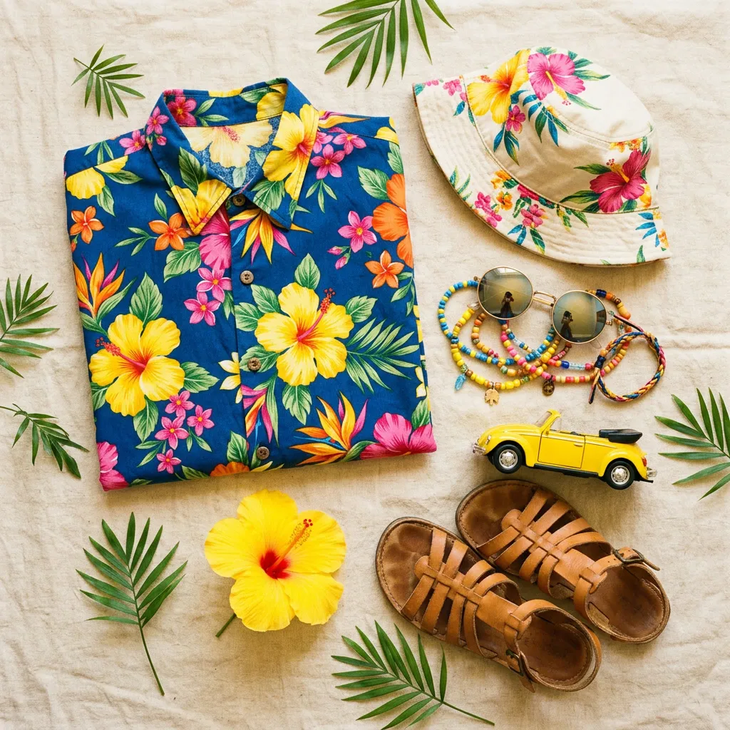 Outfit verano flat lay con camisa floral, bucket hat y lentes redondos