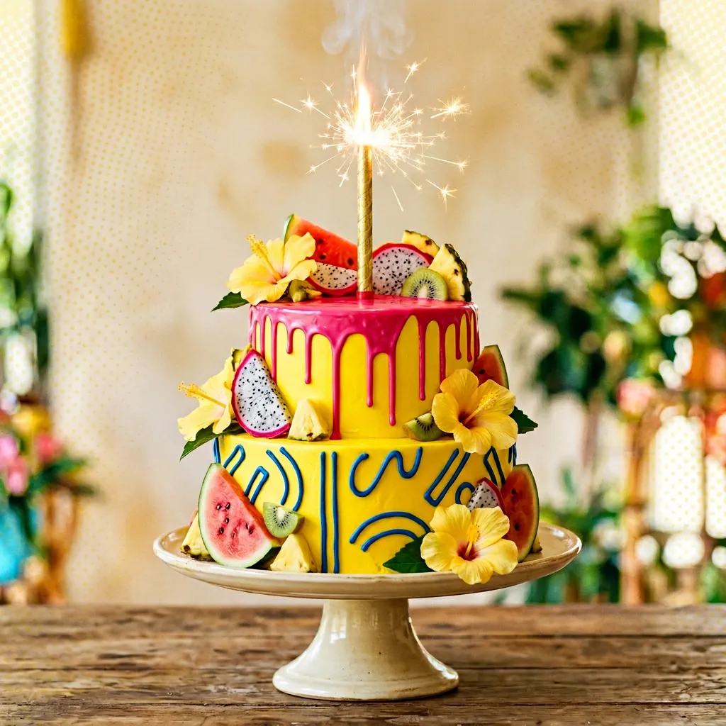 Torta amarilla con drip rosa, frutas tropicales y bengala arriba