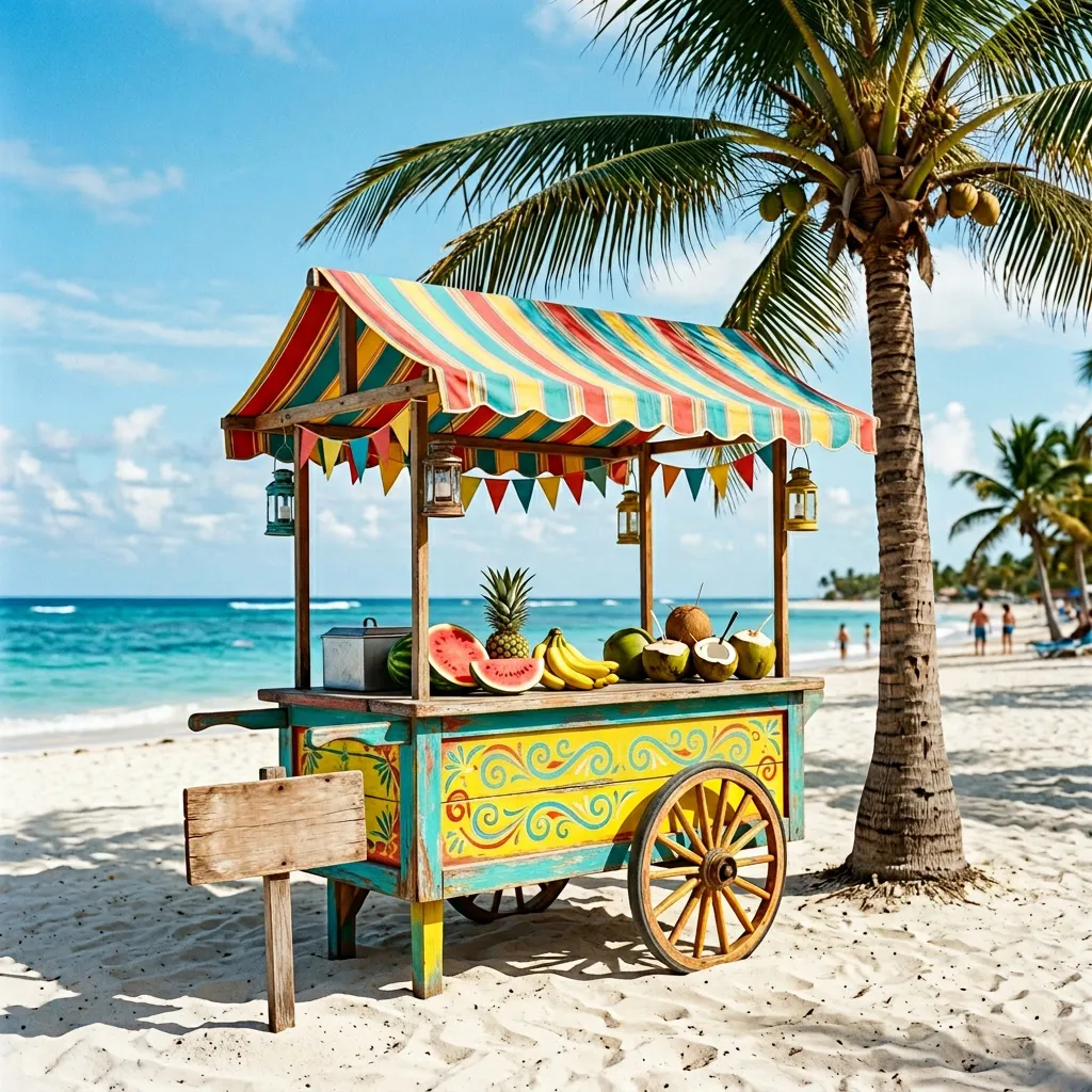 Carrito de helados vintage caribeño bajo palmera sobre arena blanca
