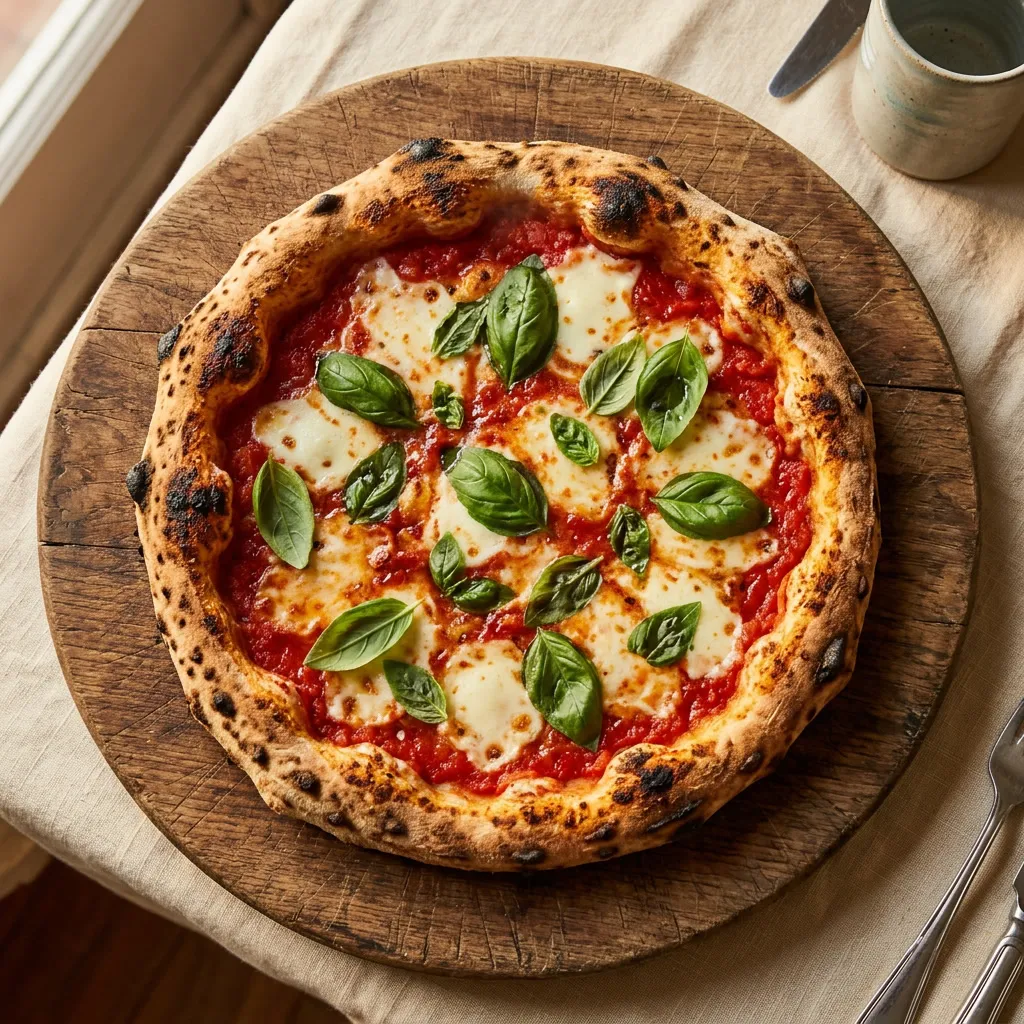 Pizza margherita recién horneada en tabla de madera, mozzarella, tomate, albahaca, char del horno a leña