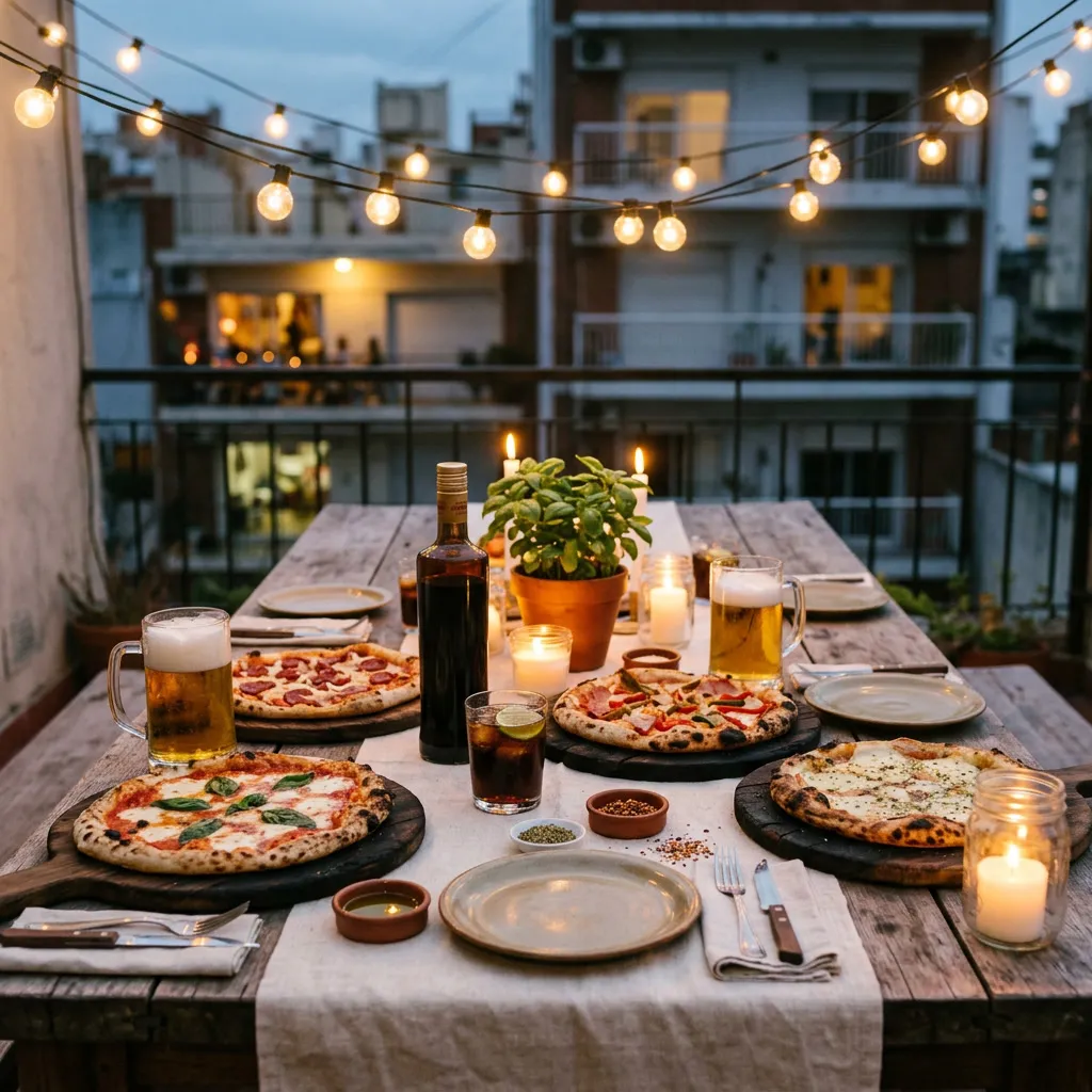 Mesa larga de terraza con cuatro pizzas, jarras de cerveza, fernet, antipasti y guirnaldas warm