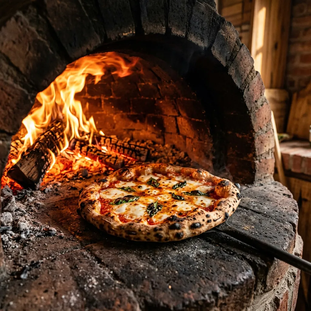 Horno a leña con llamas naranja, pizza horneándose con queso burbujeante